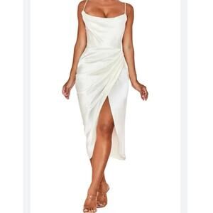 House of CB Ivory Satin Cowl Neck Midi Dress